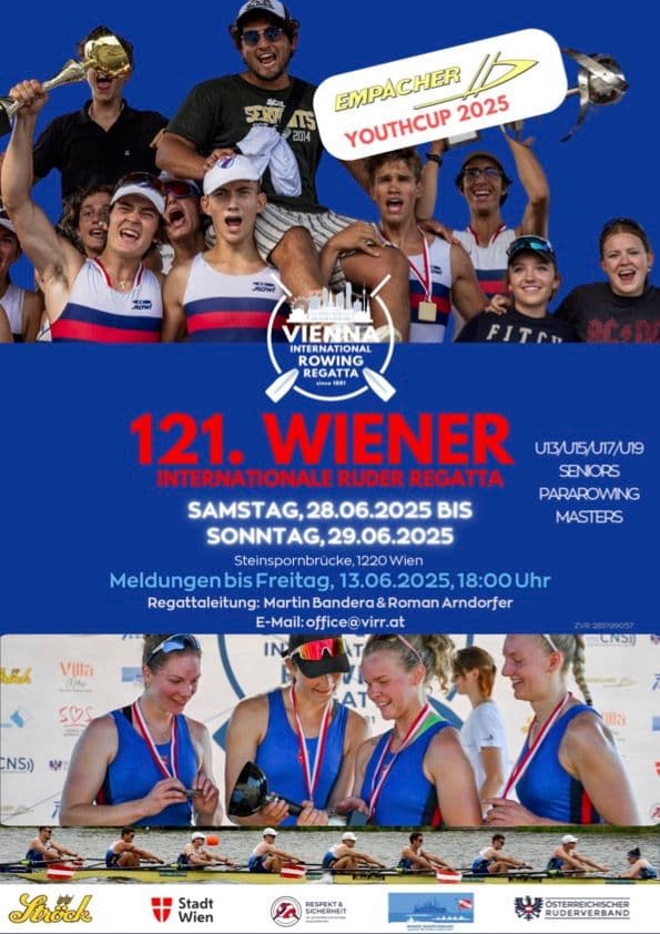 Unsere Tradition lebt weiter – seit 1881 veranstaltet der WIENER RUDER VERBAND die „Vienna International Rowing Regatta“. Vom 28.06.2025 bis 29.06.2025 findet auf der Neuen Donau zum wiederholten Male diese für Wien so wichtige Ruderregatta statt.
