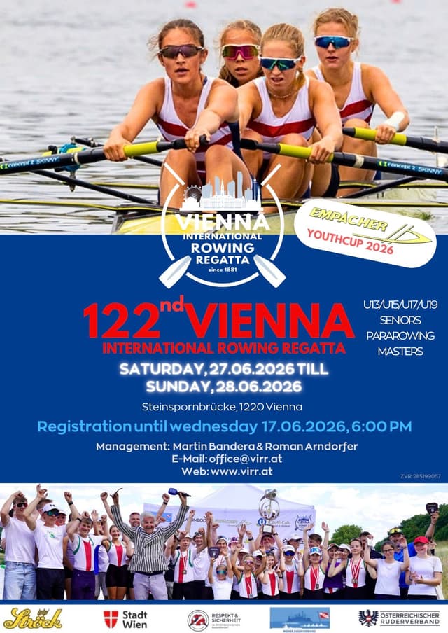 Our great tradition lives on! Since 1881, the WIENER RUDER VERBAND has been organizing the “Vienna International Rowing Regatta,” and from June 27–28, 2026, the New Danube will once again serve as the venue for this major sporting highlight in Vienna.
In 2026, this regatta will once again be organized under the leadership of Martin Bandera, Roman Arndorfer, and their dedicated team - passionate friends of the sport of rowing who have made it their mission to spread their enthusiasm for rowing far beyond the borders of Vienna. Together, we bring numerous national and international rowing clubs to Vienna to participate in this special event.
Vienna has been proud to serve as a hub for international rowing regattas on the New Danube since the 1991 World Rowing Championships. The Rowing Center at Steinsporn Bridge was built here and will also be the venue for VIRR 2026. Let’s keep Vienna’s great tradition as a regatta destination alive!
Team spirit, community, and solidarity are the fundamental values of rowing. Our goal is to help young people develop social skills - in keeping with our motto: “Moving forward faster together in the same boat.” This year, the focus is once again on youth rowing competitions.