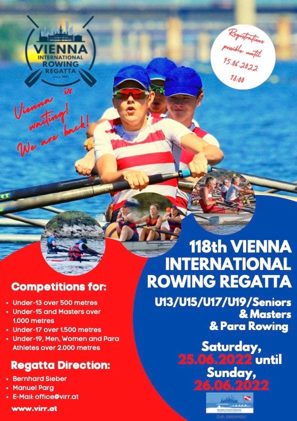 The front page of the official invitation, a junior foursome from the front during the race, further small pictures of masters and para rowers below and information regarding the regatta.